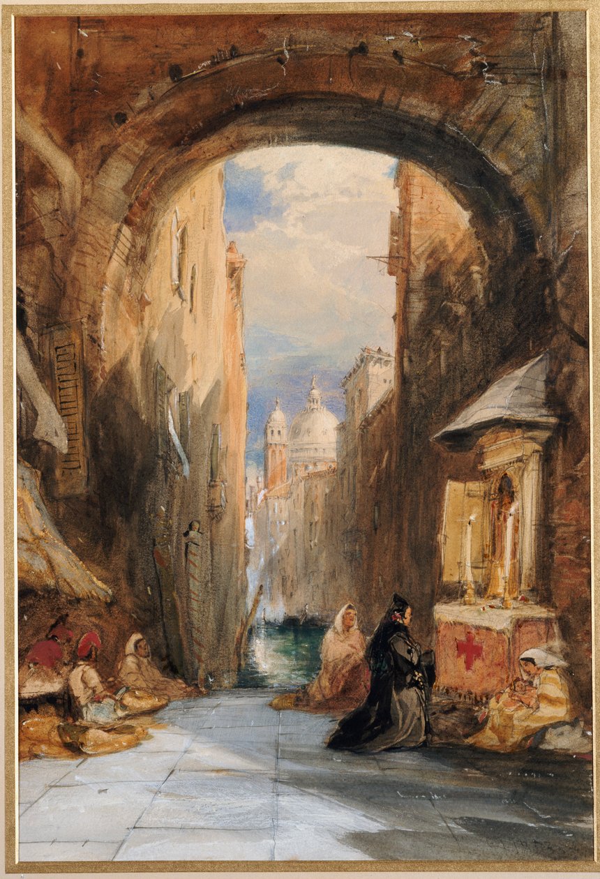 Venezia: en Edicola under en buegang, med Santa Maria della Salute i det fjerne, 1853 av James Holland