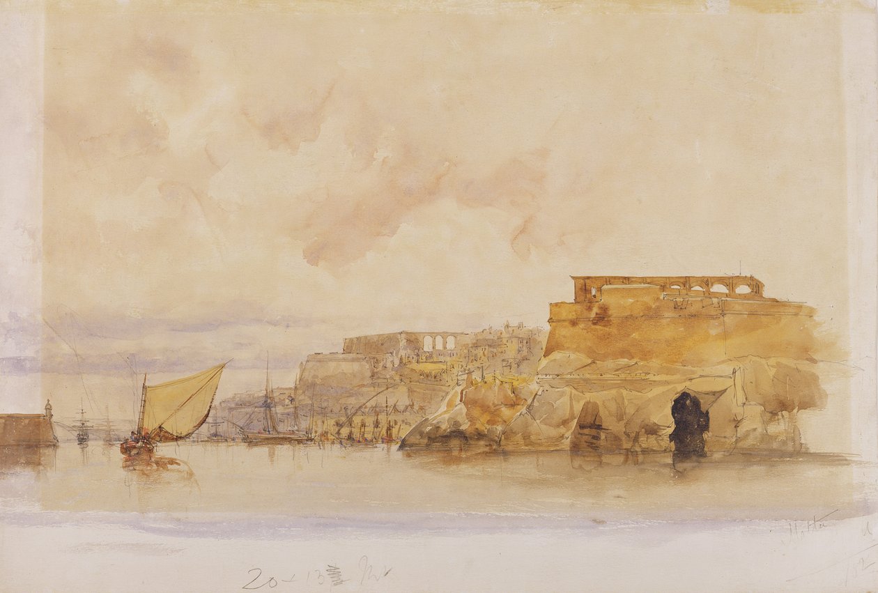 Utsikt over Valletta, Malta (akvarell med kroppsfarge over grafitt på papir) av James Holland