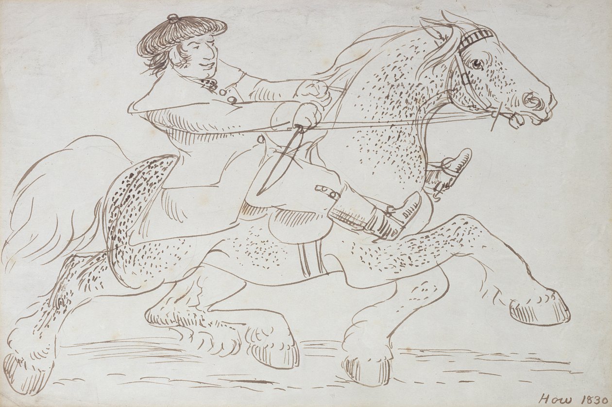 En hestehandler setter en ung Clydesdale gjennom sine skritt, 1830 (sepia blekk på papir) av James Howe