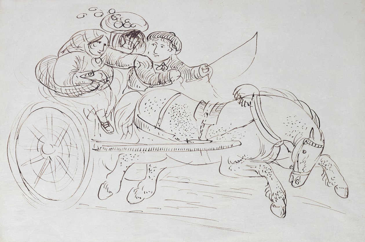 Par i en vogn trukket av en hest (sepia blekk på papir) av James Howe