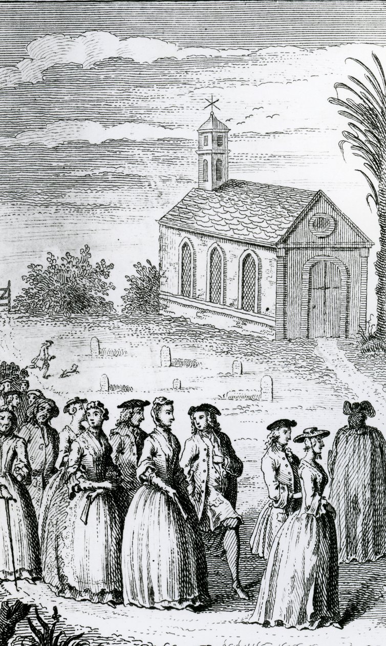 Illustrasjon fra "The History of the Adventures of Joseph Andrews and of his friend Mr. Abraham Adams" av Henry Fielding, utgitt i 1742 av James Hulett