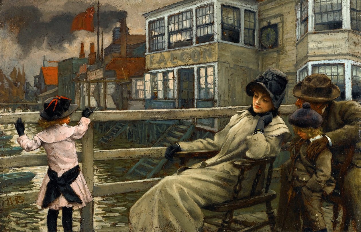 Akademisk kunst: Venter på fergen av Tissot, James Jacques Joseph (1836-1902). Olje på tre, 22,5x32,5. Privat samling av James Jacques Joseph Tissot