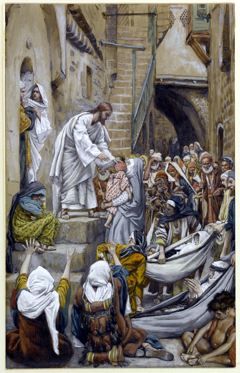 And All the City Was Gathered Together at the Door, illustrasjon for The Life of Christ, ca. 1884-96 (wc & gouache på papp) av James Jacques Joseph Tissot