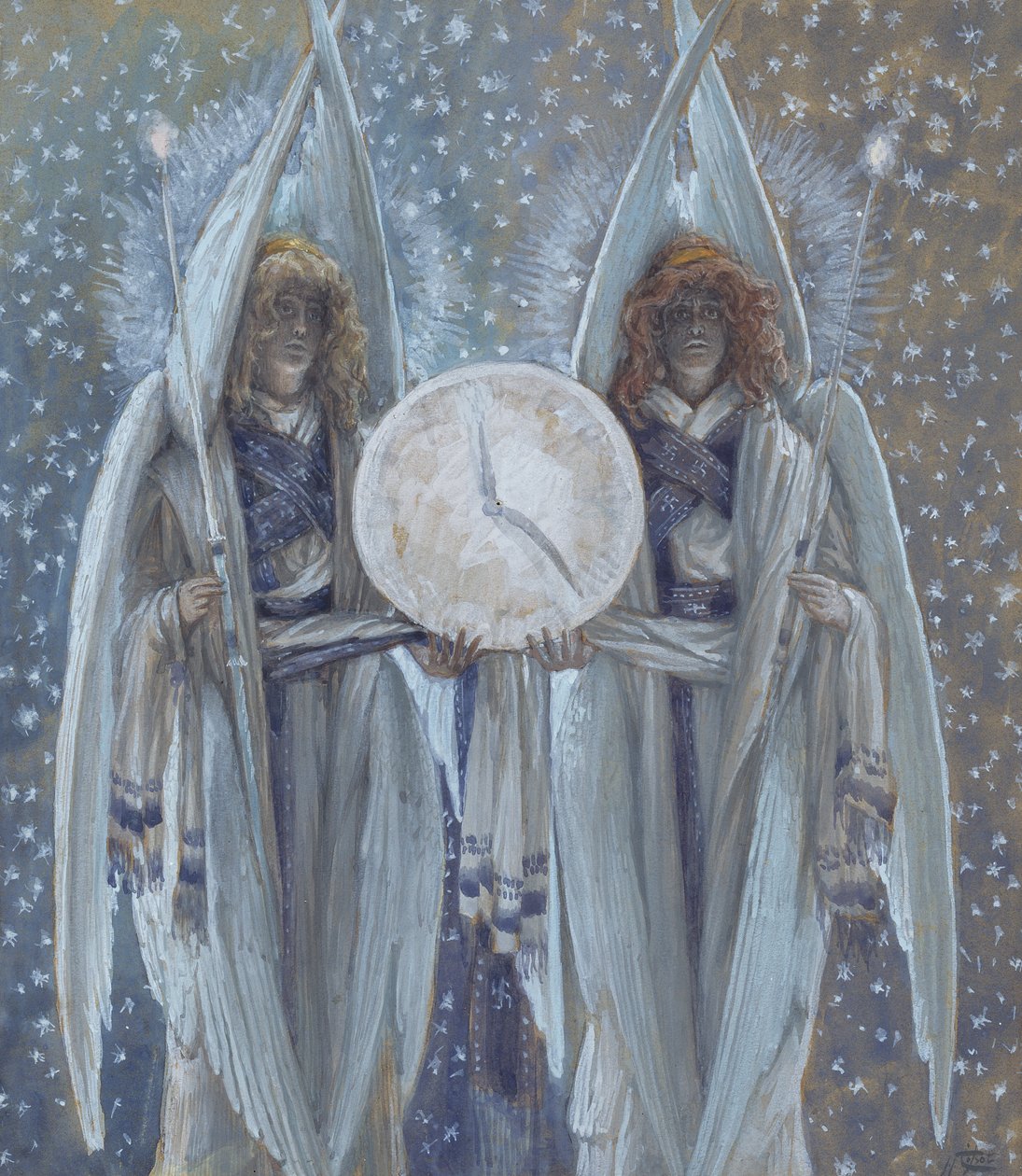 Engler som støtter en urskive som indikerer timene til de forskjellige pasjonsscenene, illustrasjon for The Life of Christ, ca. 1886-94 (wc & gouache på papp) av James Jacques Joseph Tissot