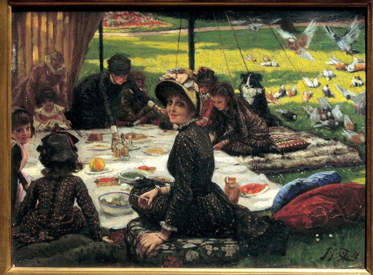 Frokost på gresset Familiepiknikscene. Maleri av Jacques Joseph (Jacques-Joseph) Tissot dit James Tissot (1836-1902) av James Jacques Joseph Tissot