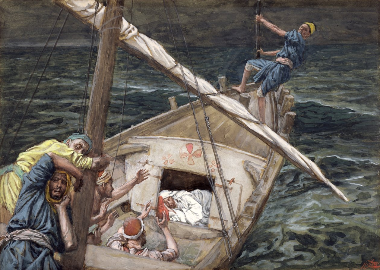 Christ Asleep Under the Storm, illustrasjon for The Life of Christ, ca. 1886-94 (wc & gouache på papp) av James Jacques Joseph Tissot