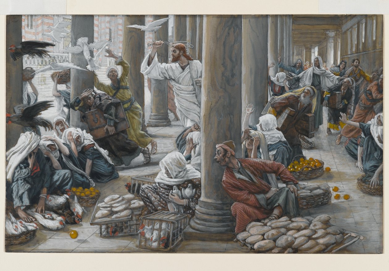 Kristus driver ut dem som solgte og kjøpte fra templet, illustrasjon for The Life of Christ, ca. 1884-96 (wc og gouache på papp) av James Jacques Joseph Tissot