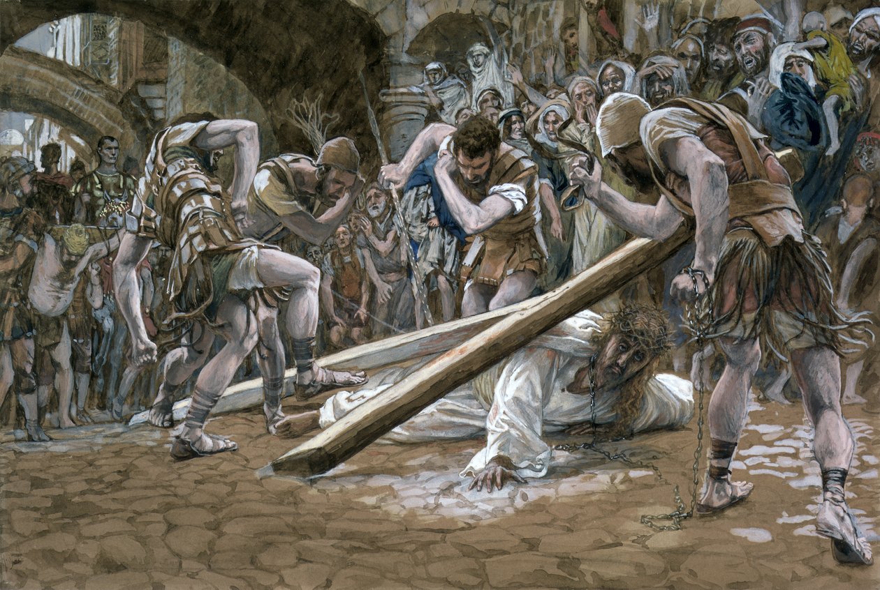 Kristus faller under korset, illustrasjon for The Life of Christ, ca. 1884-96 (wc og gouache på papp) av James Jacques Joseph Tissot