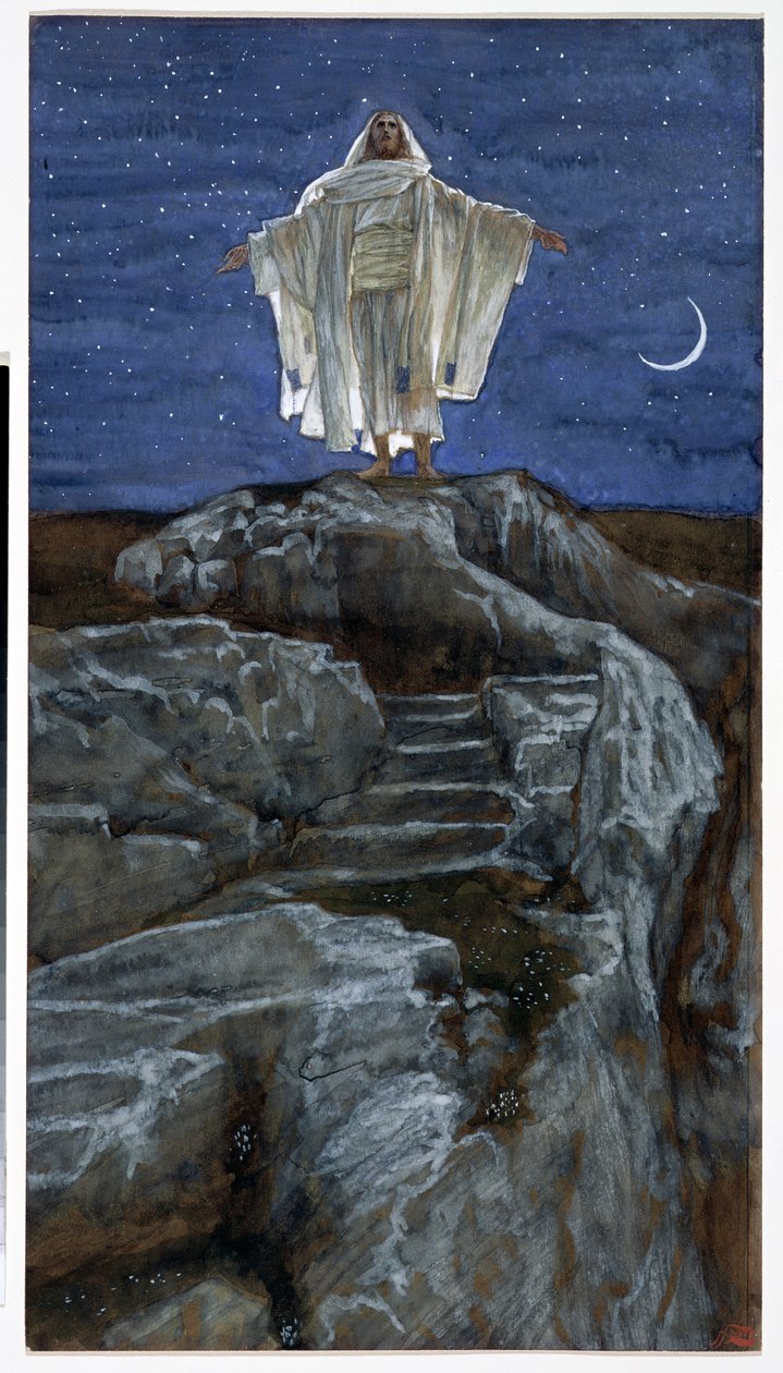 Kristus går alene ut i et fjell for å be, illustrasjon for The Life of Christ, ca. 1886-94 (wc og gouache på papp) av James Jacques Joseph Tissot