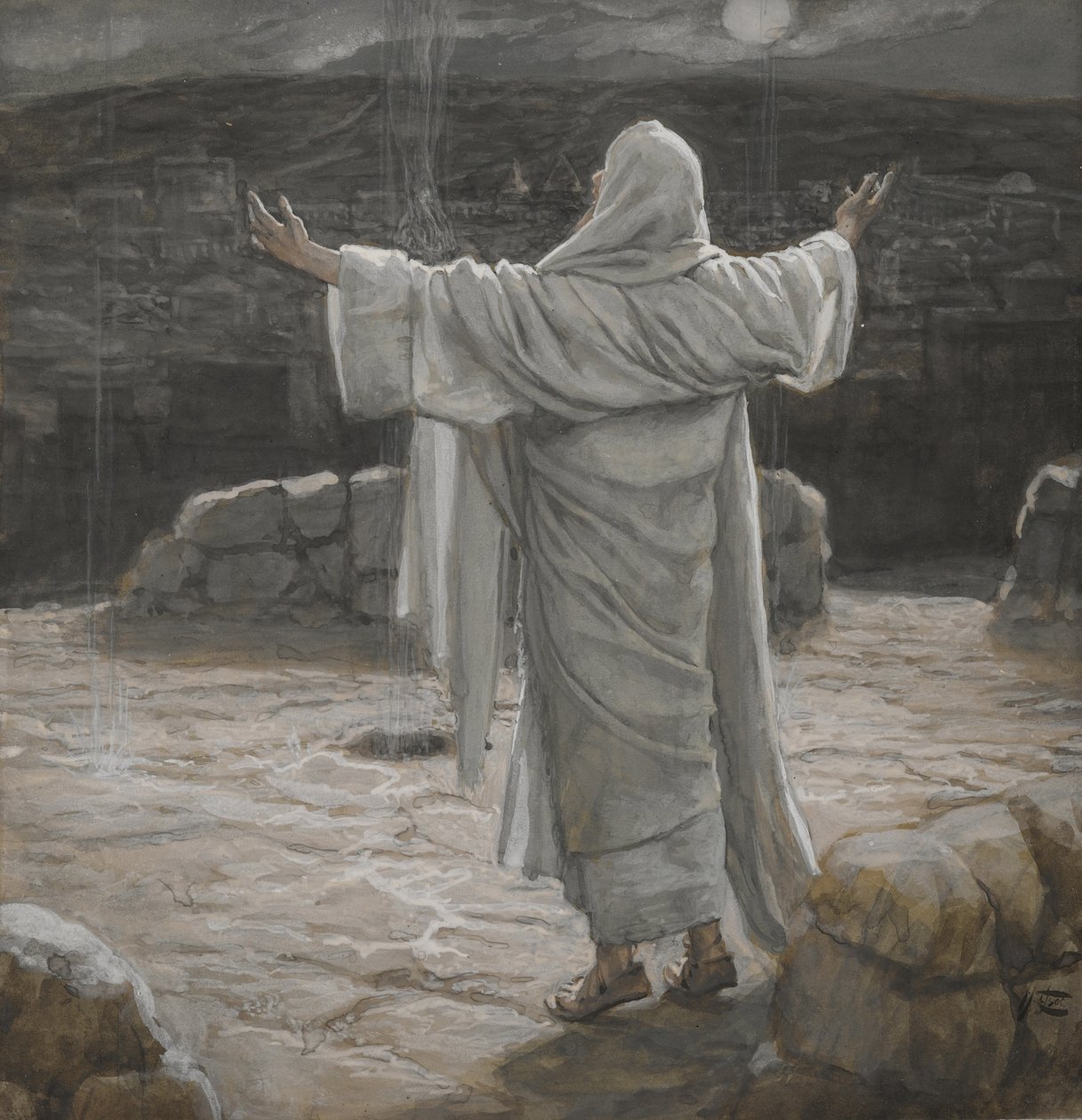 Christ Retreats to the Mountain at Night, illustrasjon fra The Life of Our Lord Jesus Christ, 1886-94 (wc over grafitt på papir) av James Jacques Joseph Tissot