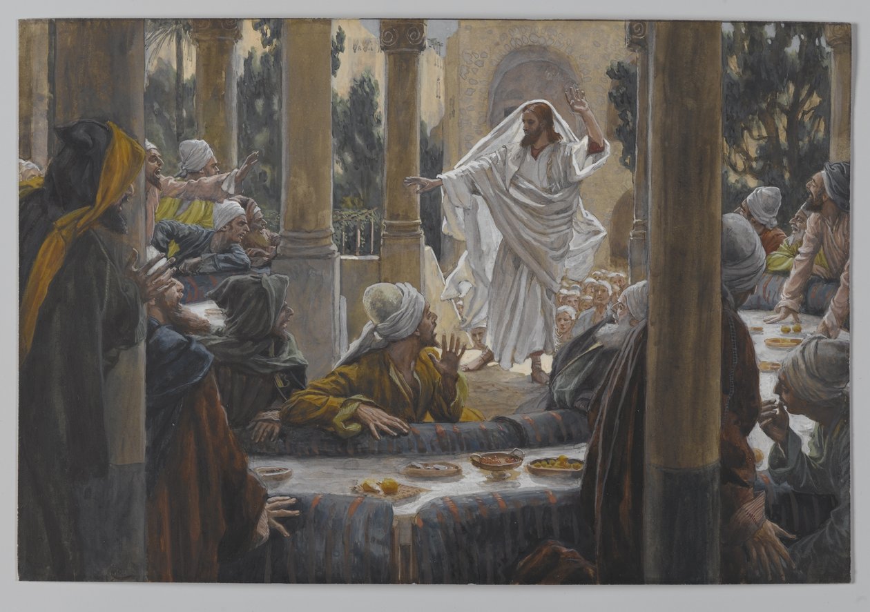 Forbannelser mot fariseerne, illustrasjon fra Vår Herre Jesu Kristi liv, 1886-96 (wc over grafitt på papir) av James Jacques Joseph Tissot