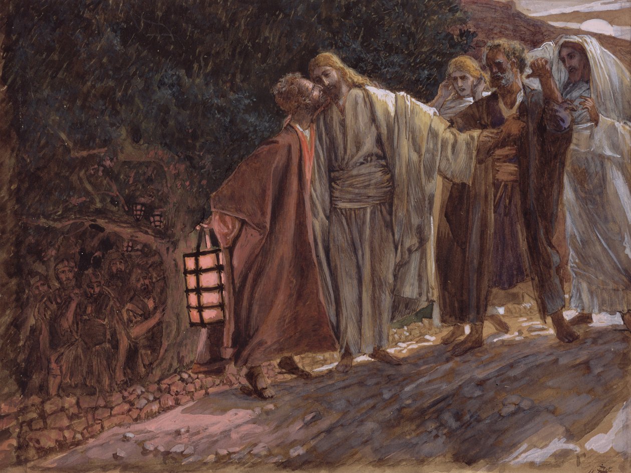 Hail Master, and He Kissed Him, illustrasjon for The Life of Christ, ca. 1886-94 (wc & gouache på papp) av James Jacques Joseph Tissot