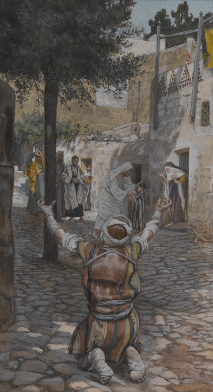 Helbredelse av spedalske i Kapernaum, illustrasjon fra Vår Herre Jesu Kristi liv (wc over grafitt på papir) av James Jacques Joseph Tissot
