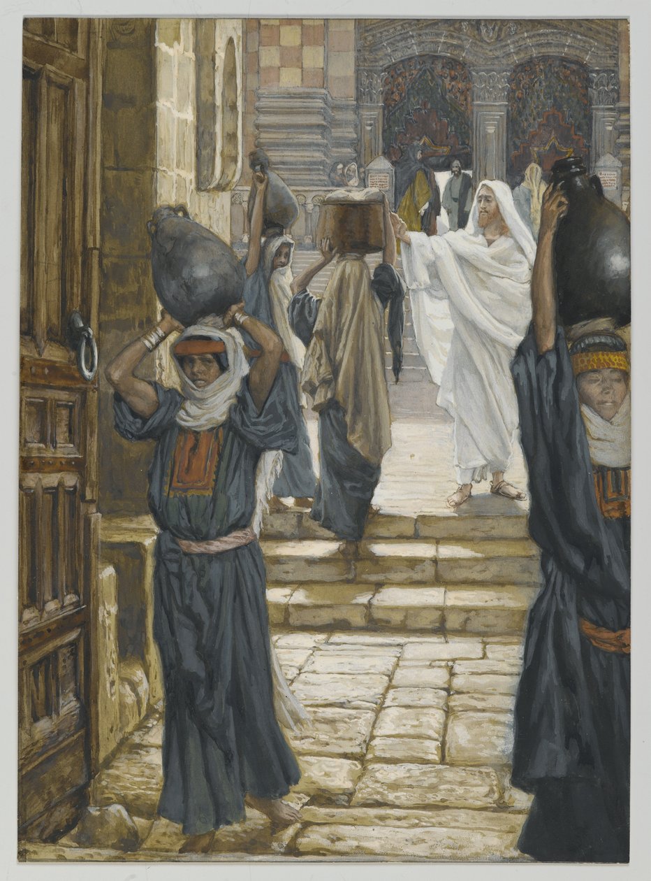 Jesus forbyr å bære last i tempelets forgård, illustrasjon fra The Life of Our Lord Jesus Christ, 1886-94 (wc over grafitt på papir) av James Jacques Joseph Tissot