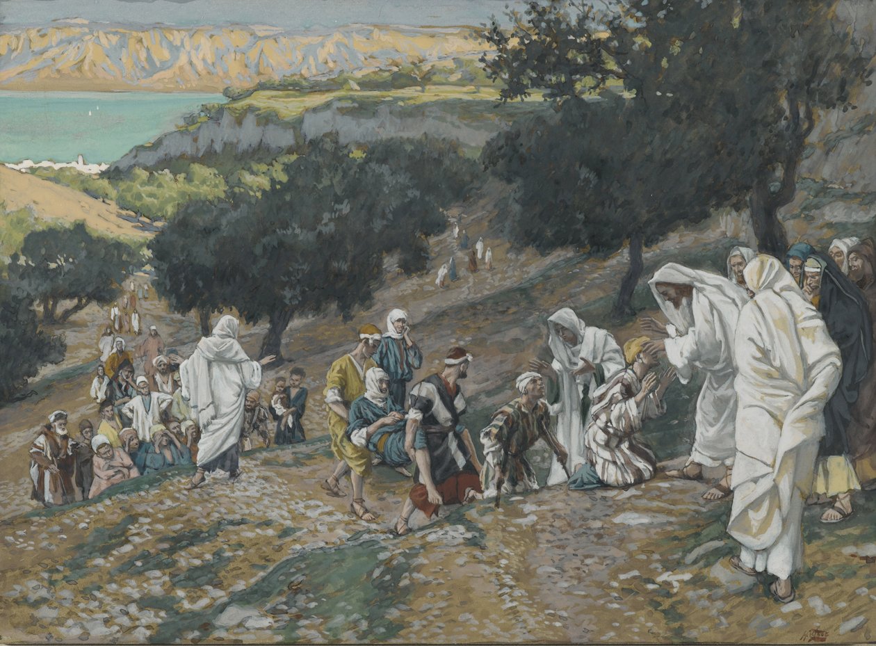 Jesus helbreder blinde og lamme på fjellet, illustrasjon fra Vår Herre Jesu Kristi liv (wc over grafitt på papir) av James Jacques Joseph Tissot