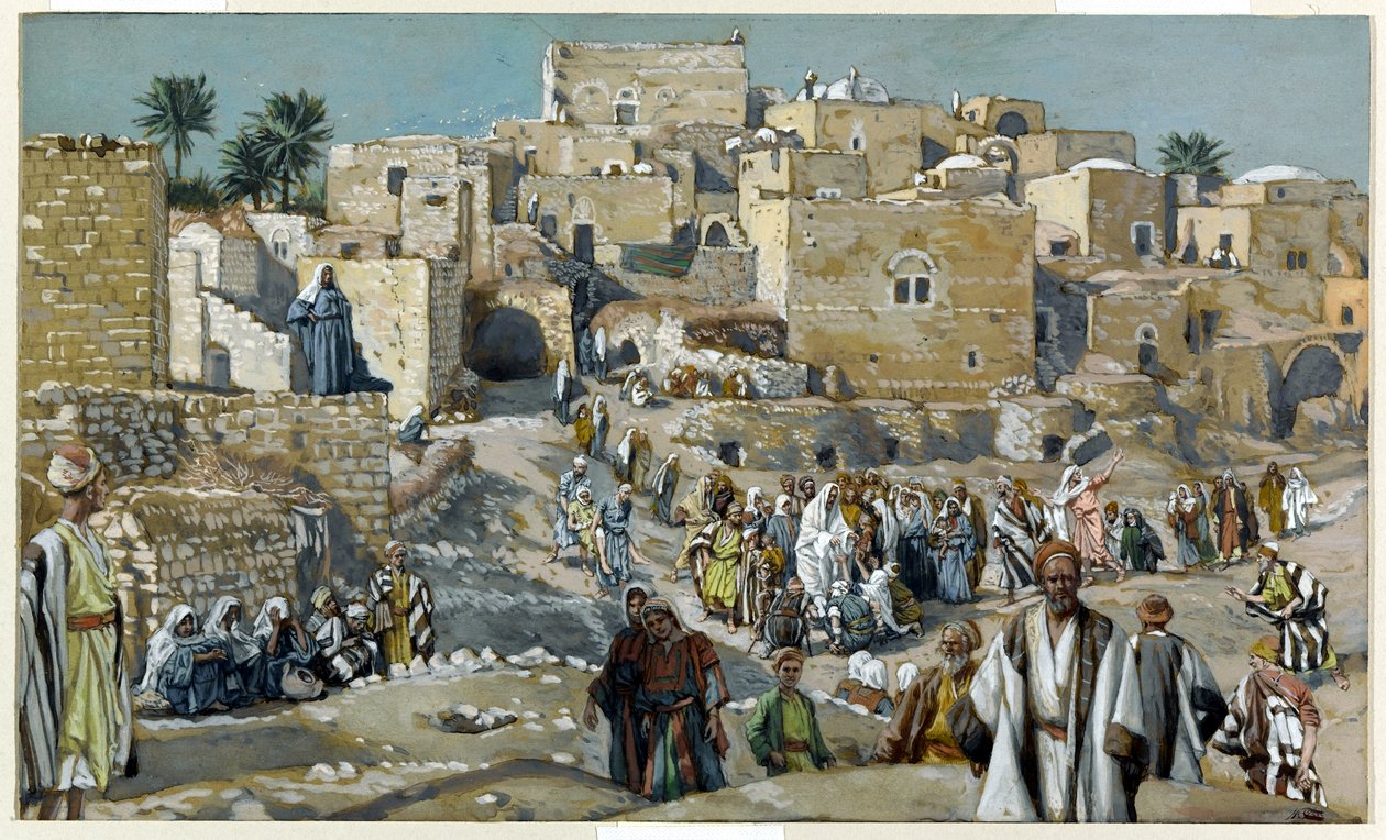 Jesus passerer gjennom landsbyene på vei til Jerusalem, illustrasjon for The Life of Christ, ca. 1884-96 (wc & gouache på papp) av James Jacques Joseph Tissot