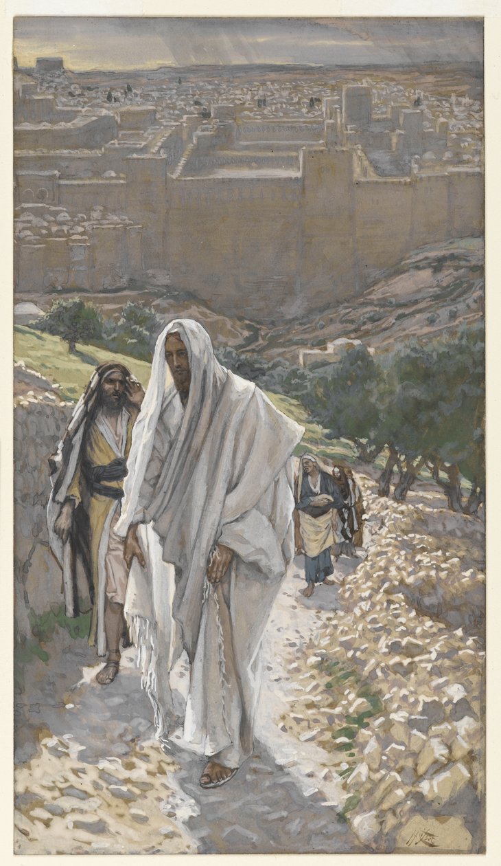 Jesus går om kvelden til Betania, illustrasjon fra The Life of Our Lord Jesus Christ, 1886-94 (wc over grafitt på papir) av James Jacques Joseph Tissot