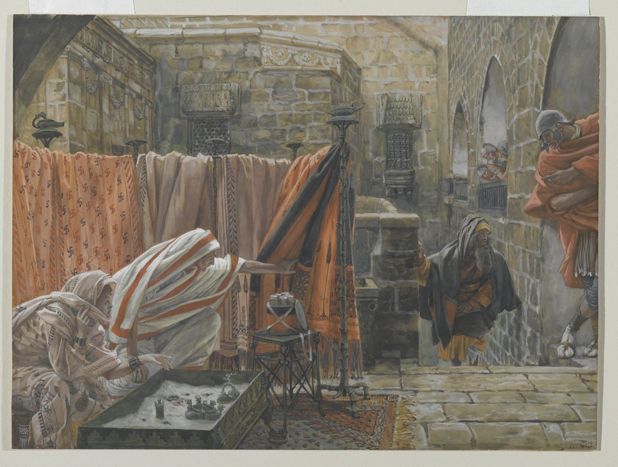 Josef av Arimathea søker Pilatus for å be om tillatelse til å fjerne Jesu legeme, illustrasjon fra The Life of Our Lord Jesus Christ, 1886-94 (wc over grafitt på papir) av James Jacques Joseph Tissot