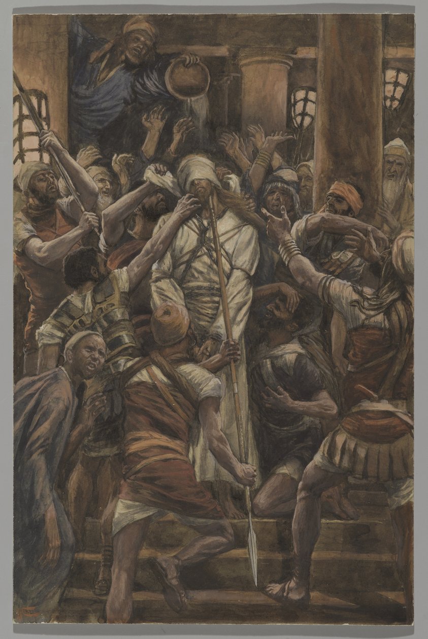 Mishandlinger i Kaifas-huset, illustrasjon fra Vår Herre Jesu Kristi liv, 1886-94 (wc over grafitt på papir) av James Jacques Joseph Tissot