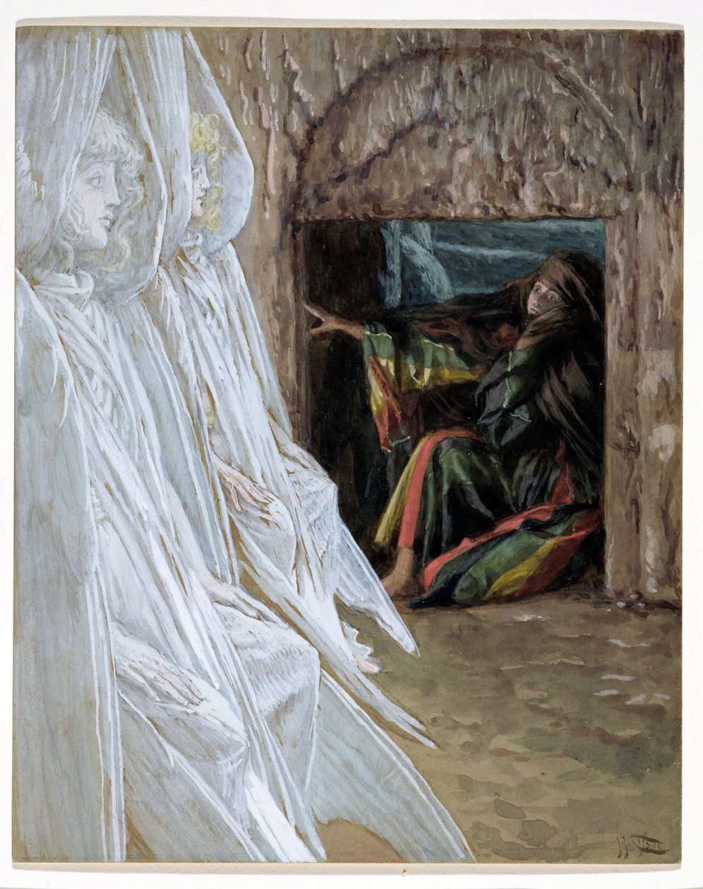 Mary Magdalene Questions the Angels in the Tomb, illustrasjon for The Life of Christ, ca. 1886-94 (wc & gouache på papp) av James Jacques Joseph Tissot