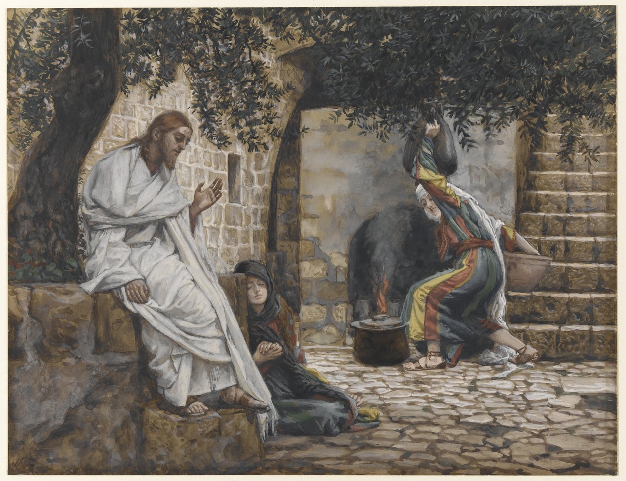 Maria Magdalena ved Jesu føtter, illustrasjon fra Vår Herre Jesu Kristi liv, 1886-94 (wc over grafitt på papir) av James Jacques Joseph Tissot