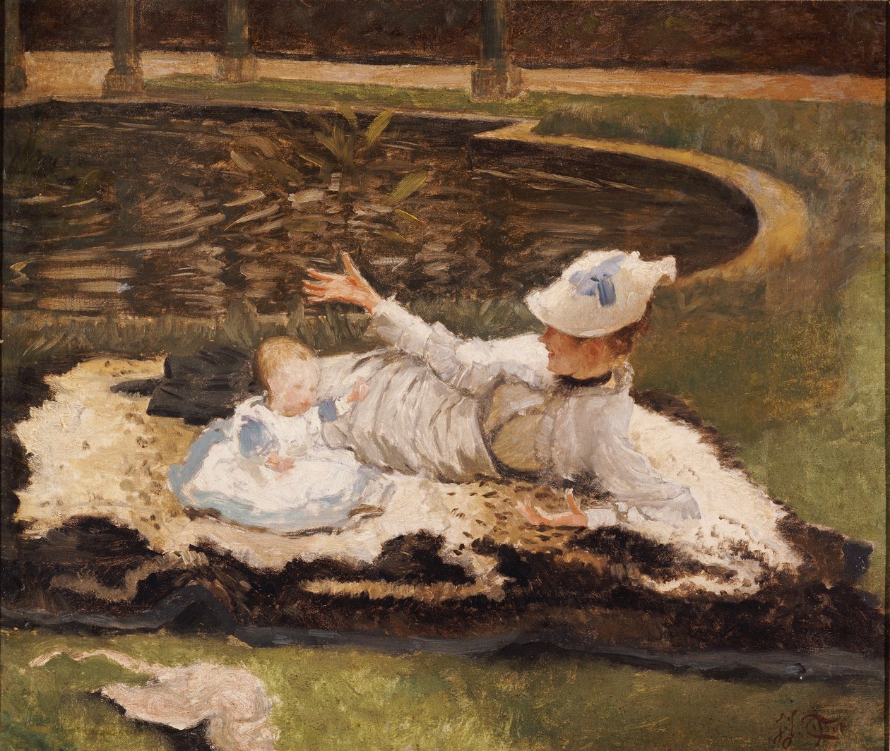 Mrs. Newton med et barn ved et basseng av James Jacques Joseph Tissot