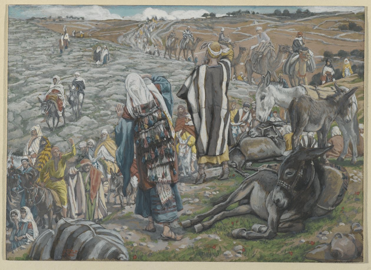 Ved retur fra Jerusalem legges det merke til at Jesus er fortapt, illustrasjon fra Vår Herre Jesu Kristi liv (wc over grafitt på papir) av James Jacques Joseph Tissot
