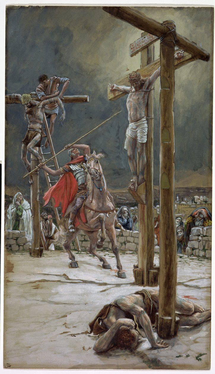 En av soldatene med et spyd stakk gjennom siden hans, illustrasjon for The Life of Christ, ca. 1886-94 (wc og gouache på papp) av James Jacques Joseph Tissot