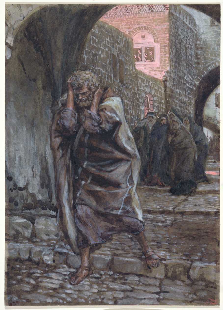 Peter gikk ut og gråt bittert, illustrasjon for The Life of Christ, ca. 1886-94 (wc & gouache på papp) av James Jacques Joseph Tissot