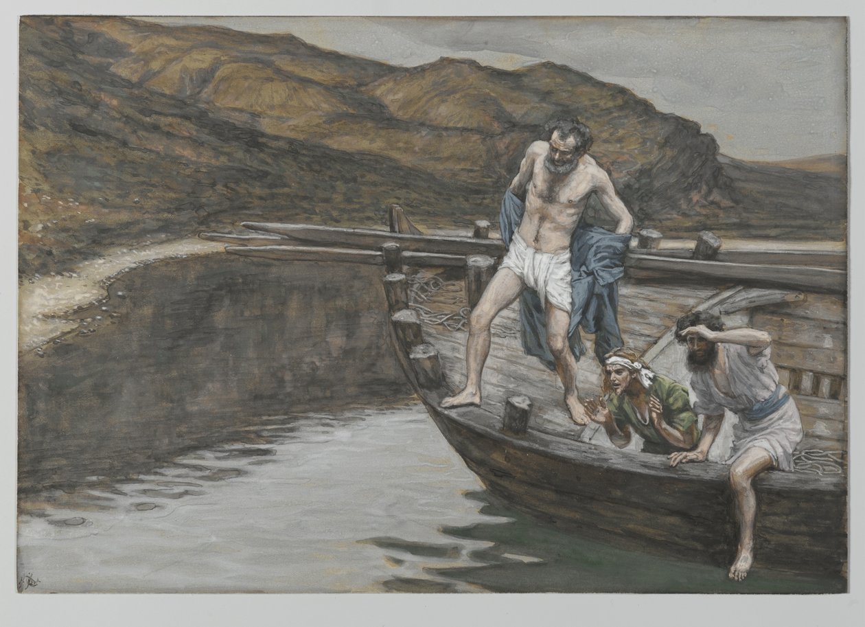 Saint Peter varslet av Saint John om Herrens nærvær kaster seg i vannet, illustrasjon fra The Life of Our Lord Jesus Christ, 1886-94 (wc over grafitt på papir) av James Jacques Joseph Tissot