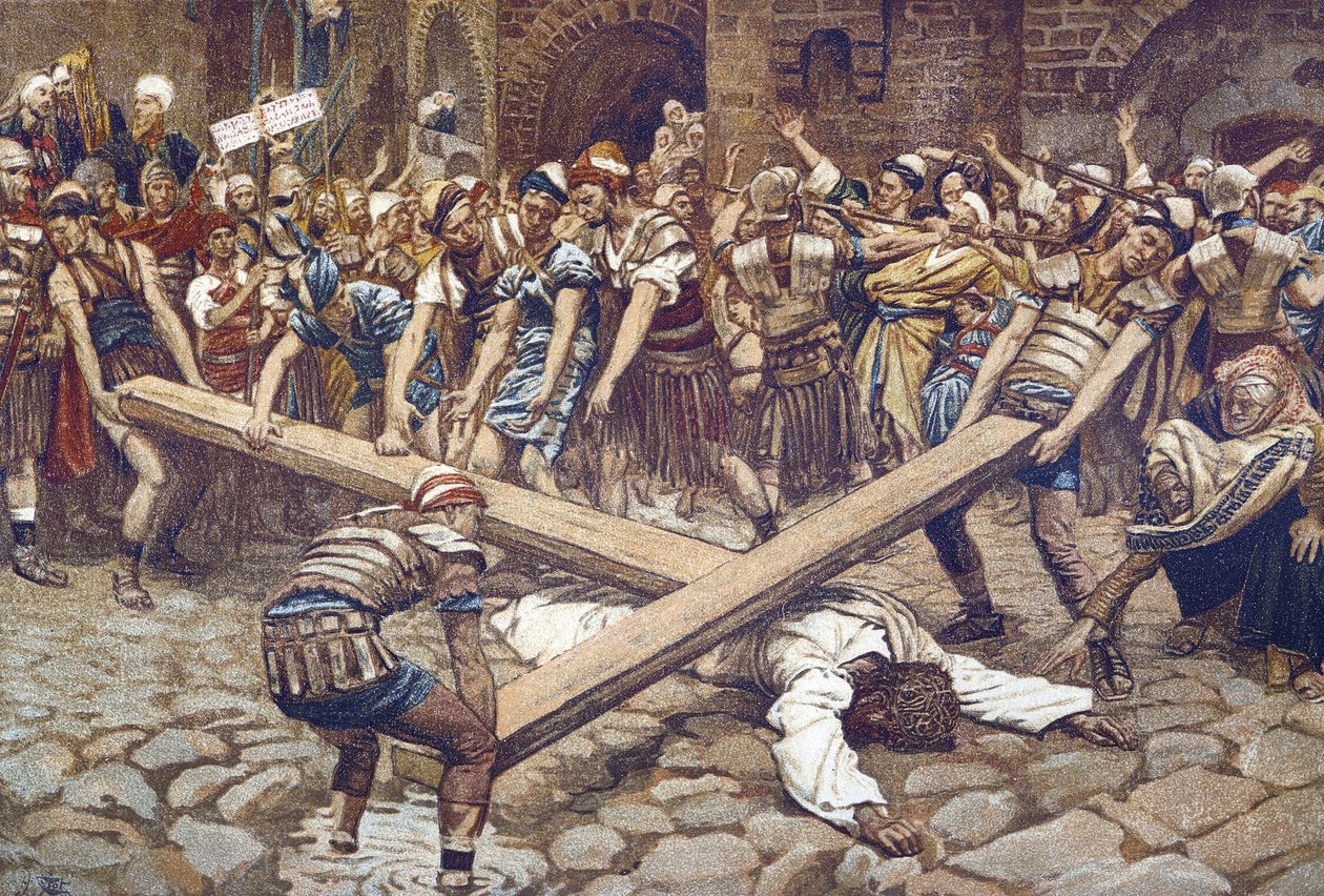 Simon de Cyrene Force to Wear the Cross - Simon of Cyrene tvunget til å bære korset - fra "" The Life of Our Lord Jesus Christ"" - 1899 av James Tissot - La vie de notre seigneur Jesus Christ, av Jacques Joseph (Jacques Joseph ) Tissot dit James Tissot ( av James Jacques Joseph Tissot