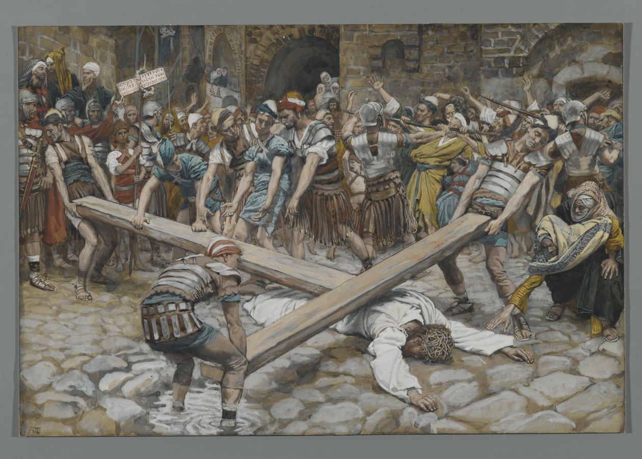 Simon den kyreneske tvunget til å bære korset med Jesus, illustrasjon fra Vår Herre Jesu Kristi liv, 1886-94 (wc over grafitt på papir) av James Jacques Joseph Tissot