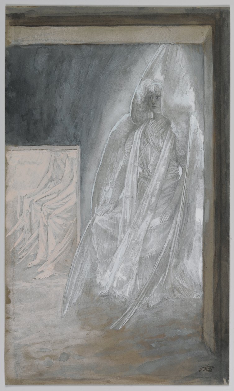 Engelen sitter på gravsteinen, illustrasjon fra Vår Herre Jesu Kristi liv, 1886-94 (wc over grafitt på papir) av James Jacques Joseph Tissot