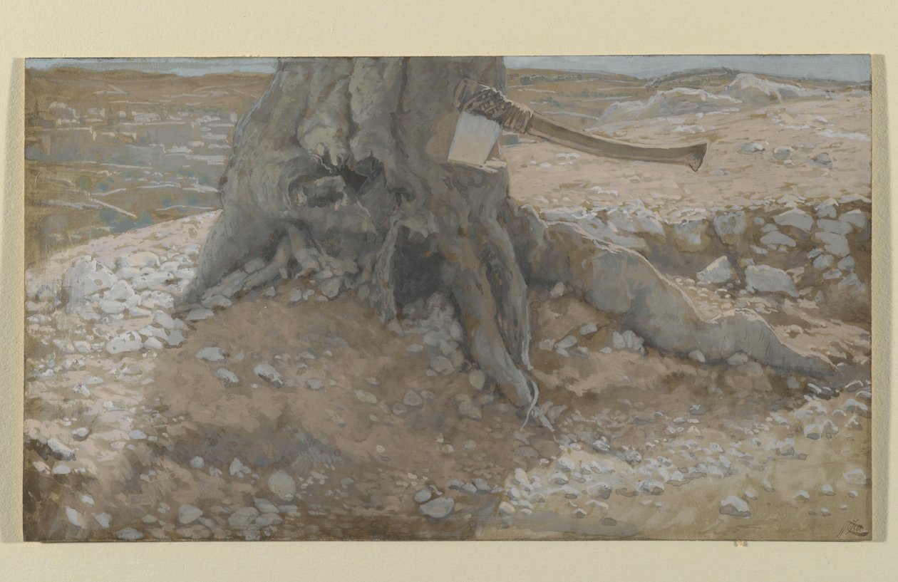 Øksen i stammen av treet, illustrasjon fra Vår Herre Jesu Kristi liv (wc over grafitt på papir) av James Jacques Joseph Tissot