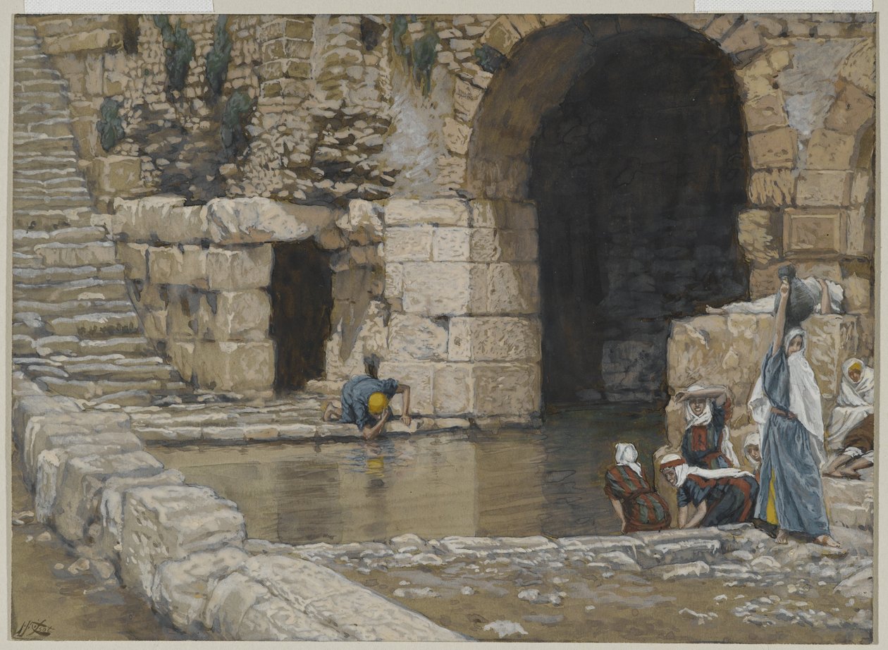 The Blind Man Washes in the Pool of Siloam, illustrasjon fra The Life of Our Lord Jesus Christ, 1886-96 (wc over grafitt på papir) av James Jacques Joseph Tissot