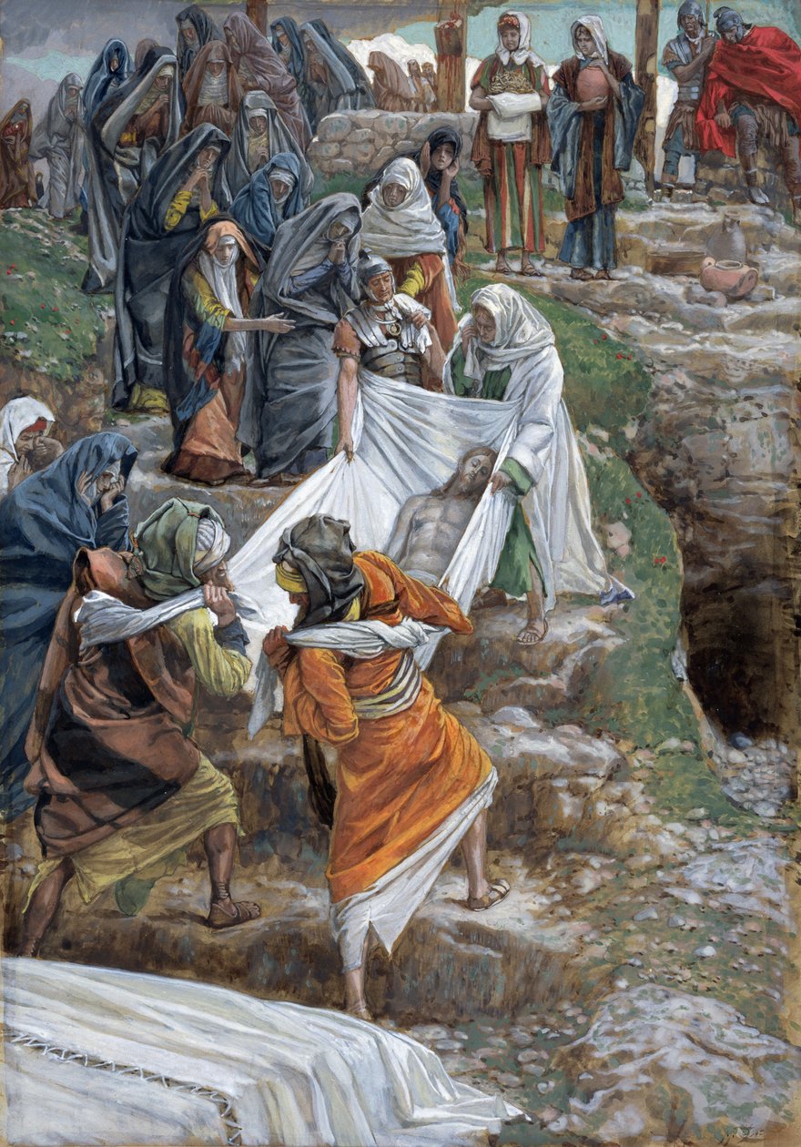 Jesu legeme båret til salvelsessteinen, illustrasjon for The Life of Christ, ca. 1886-94 (wc & gouache på papp) av James Jacques Joseph Tissot