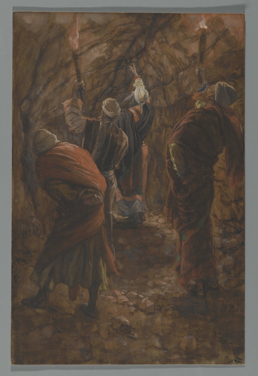 The Chasm in the Rock in the Cave Beneath Calvary, illustrasjon fra The Life of Our Lord Jesus Christ, 1886-94 (wc over grafitt på papir) av James Jacques Joseph Tissot