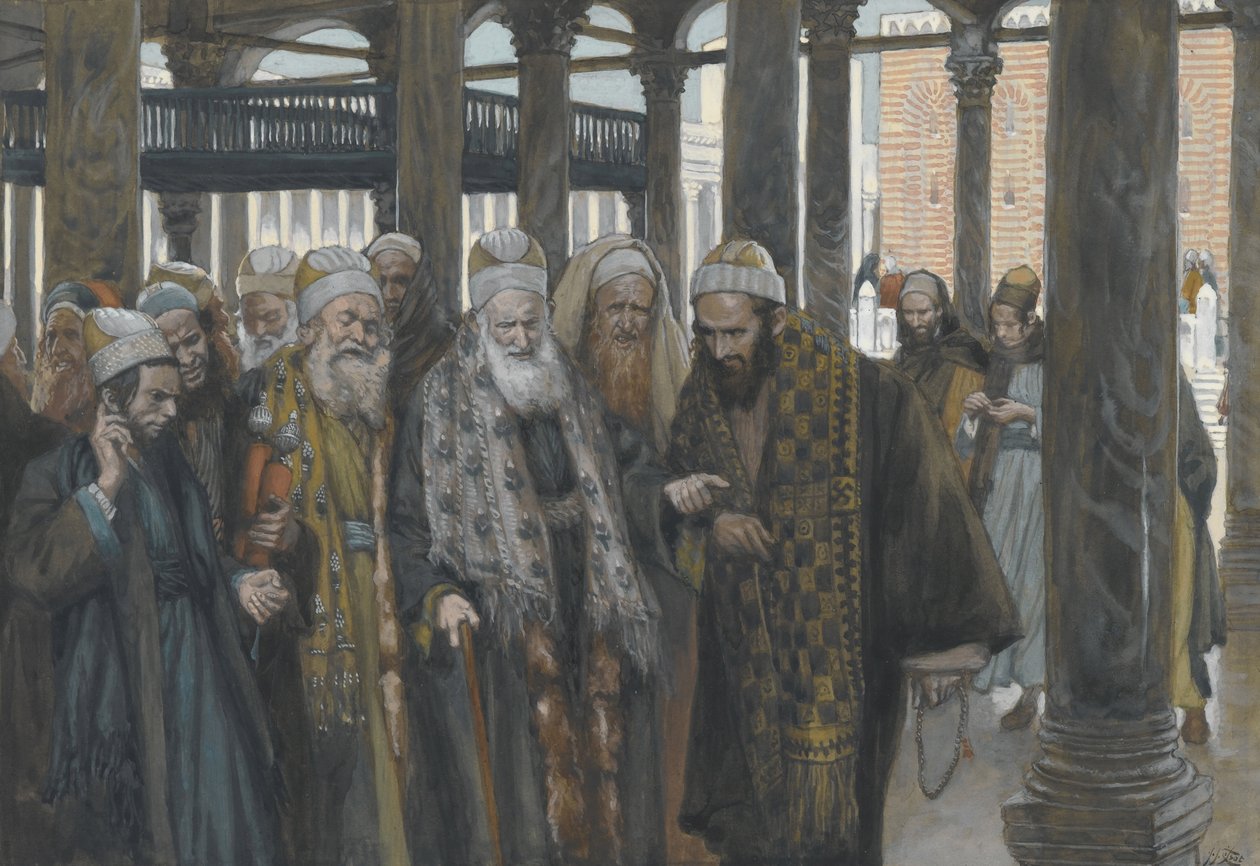 Yppersteprestene tar råd sammen, illustrasjon fra Vår Herre Jesu Kristi liv, 1886-94 (wc over grafitt på papir) av James Jacques Joseph Tissot