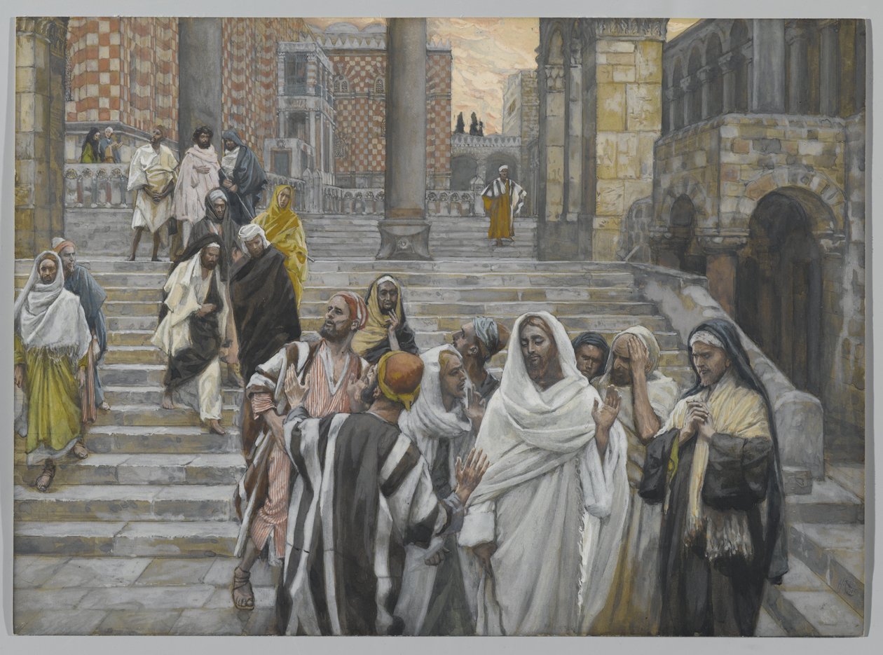 Disiplene beundrer templets bygninger, illustrasjon fra Vår Herre Jesu Kristi liv, 1886-94 (wc over grafitt på papir) av James Jacques Joseph Tissot