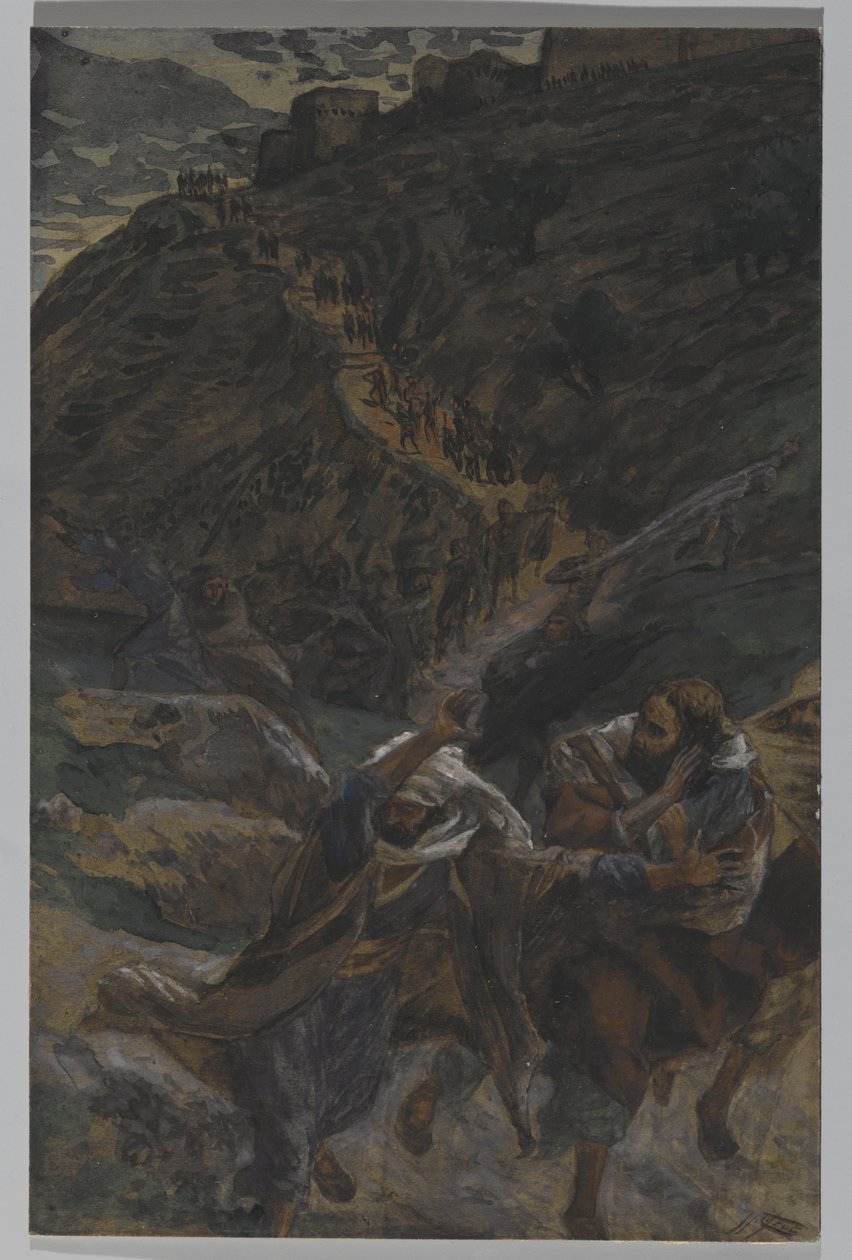 The Flight of the Apostles, illustrasjon fra The Life of Our Lord Jesus Christ, 1886-94 (wc over grafitt på papir) av James Jacques Joseph Tissot