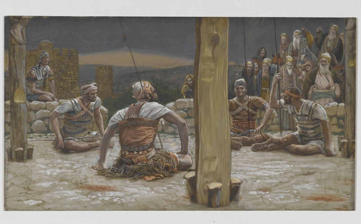 De fire vaktene satte seg ned og så på ham, illustrasjon fra The Life of Our Lord Jesus Christ, 1886-94 (wc over grafitt på papir) av James Jacques Joseph Tissot
