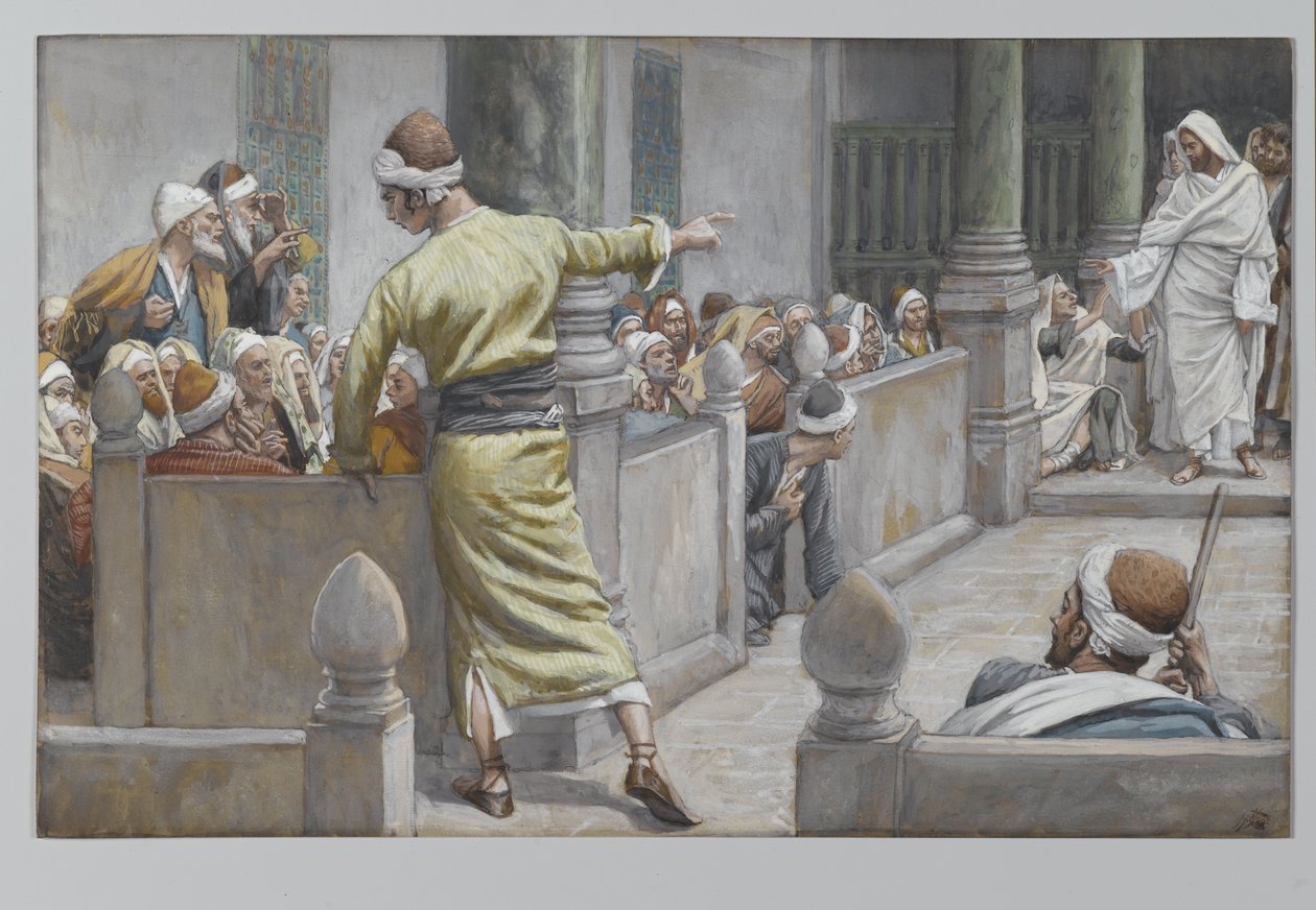 Den helbredede blinde mannen forteller sin historie til jødene, illustrasjon fra Vår Herre Jesu Kristi liv, 1886-96 (wc over grafitt på papir) av James Jacques Joseph Tissot