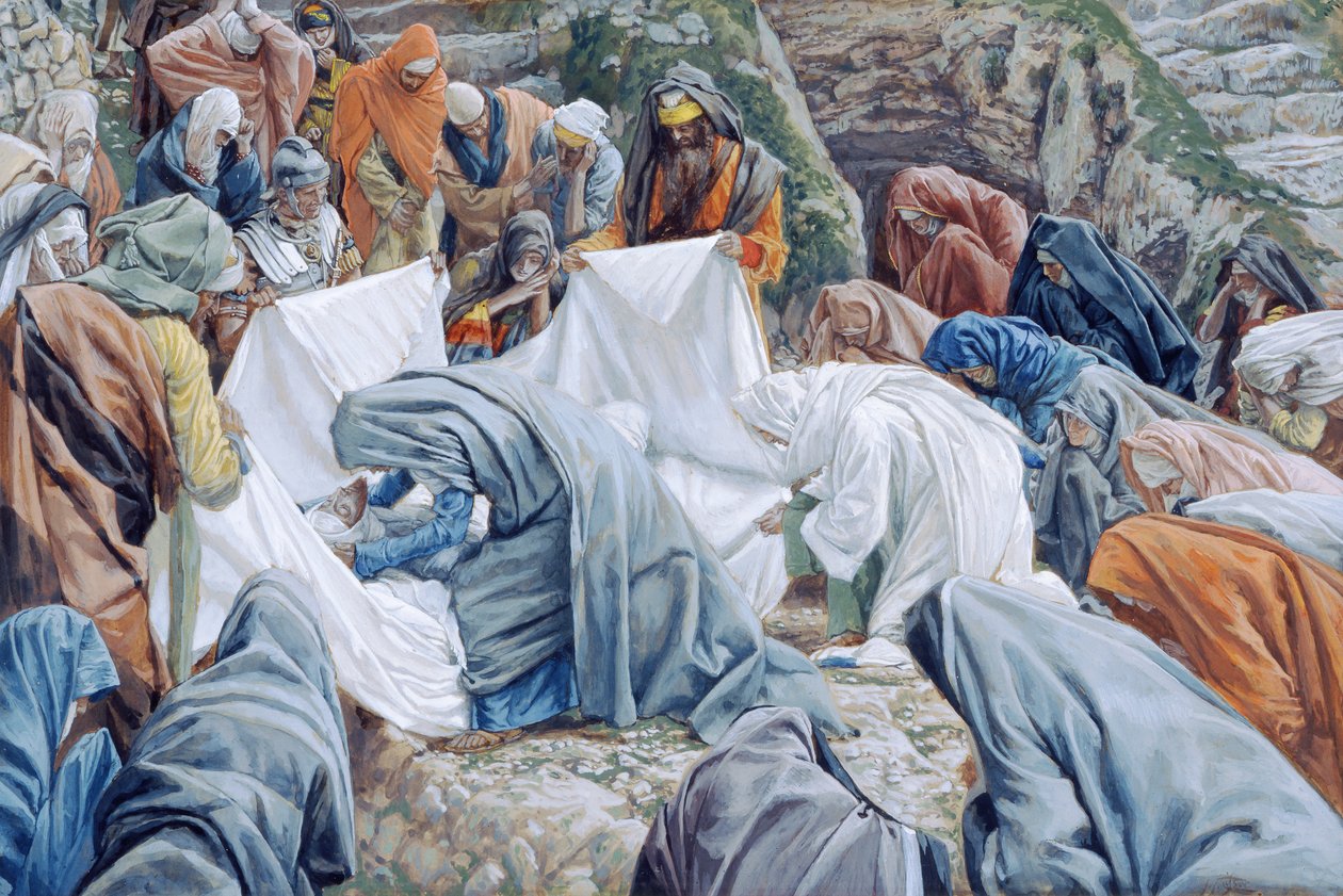 Den hellige jomfru kysser Kristi ansikt før det pakkes inn i det viklede arket, illustrasjon for The Life of Christ, ca. 1886-94 (wc & gouache på papp) av James Jacques Joseph Tissot