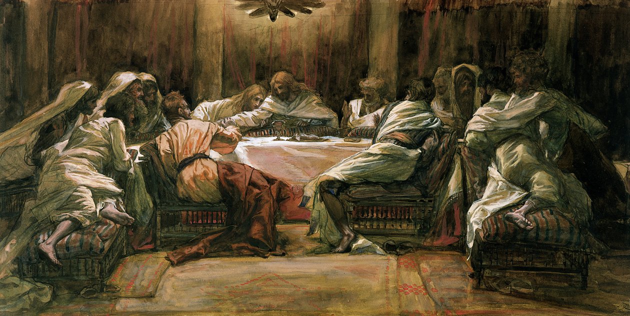 Det siste måltid. Judas dypper hånden i fatet, illustrasjon for The Life of Christ, ca. 1884-96 (wc og gouache på papp) av James Jacques Joseph Tissot
