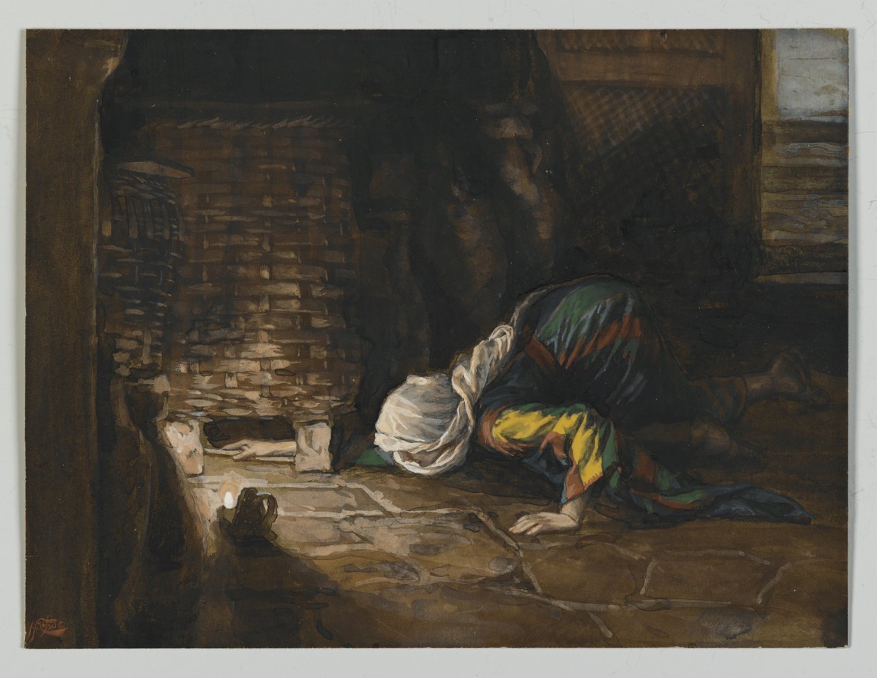 The Lost Drachma, illustrasjon fra The Life of Our Lord Jesus Christ (wc over grafitt på papir) (wc over grafitt på papir) av James Jacques Joseph Tissot