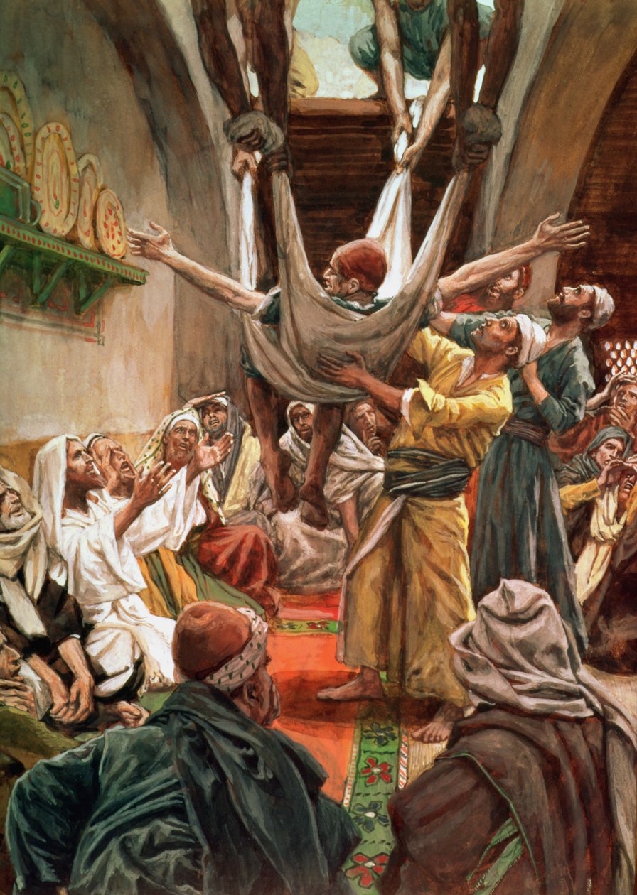 The Palsied Man sluppet ned gjennom taket, illustrasjon for The Life of Christ, ca. 1886-94 av James Jacques Joseph Tissot