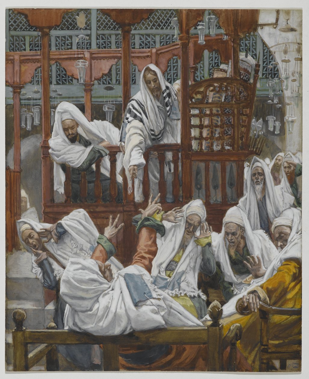 Den besatte mannen i synagogen, illustrasjon fra Vår Herre Jesu Kristi liv (wc over grafitt på papir) av James Jacques Joseph Tissot