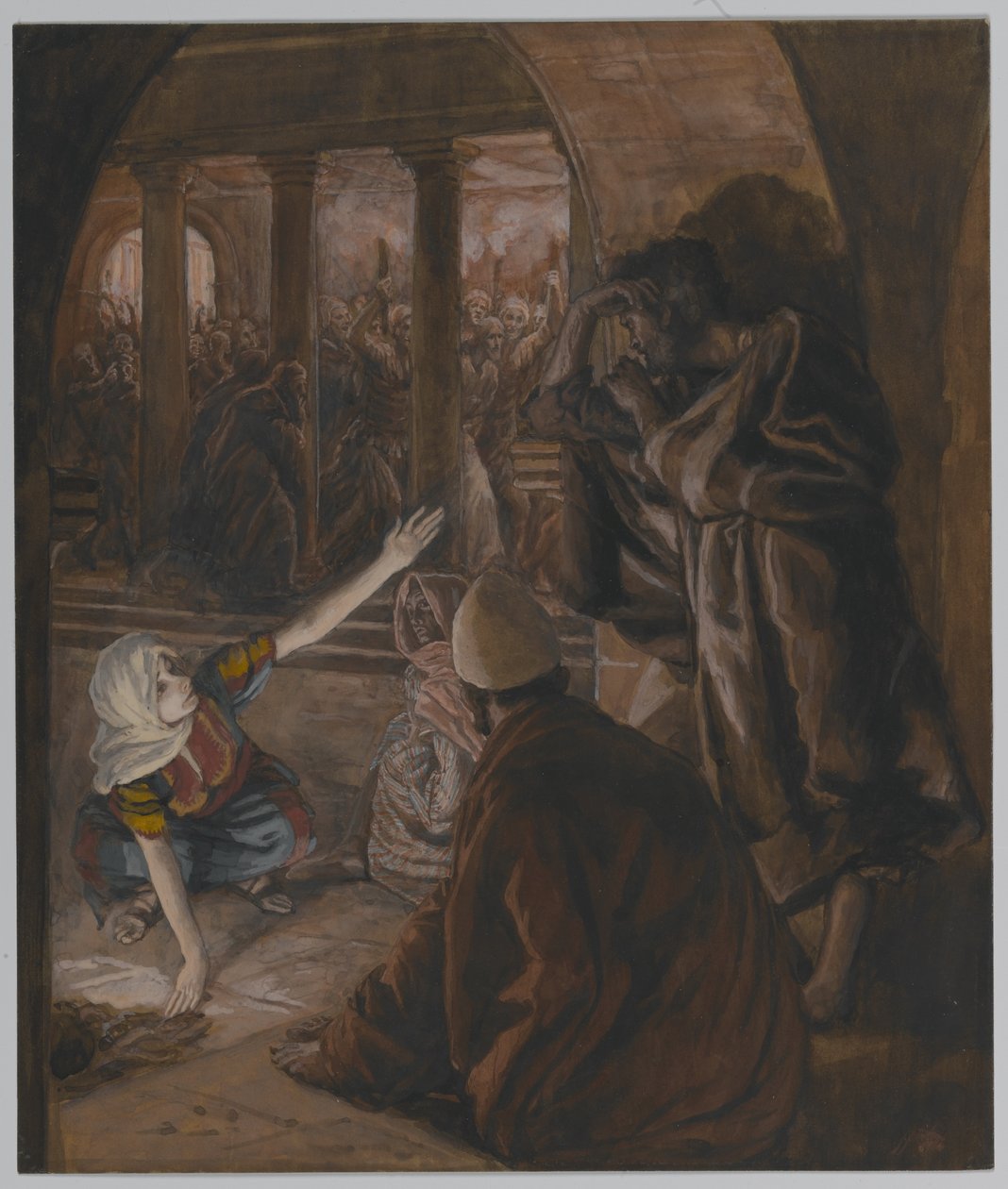 The Third Denial of Saint Peter - Jesus Look of Reproach, illustrasjon fra The Life of Our Lord Jesus Christ, 1886-94 (wc over grafitt på papir) av James Jacques Joseph Tissot