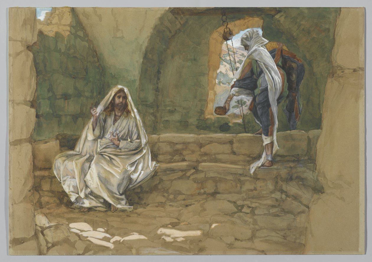 Kvinnen fra Samaria ved brønnen, illustrasjon fra Vår Herre Jesu Kristi liv (wc over grafitt på papir) av James Jacques Joseph Tissot