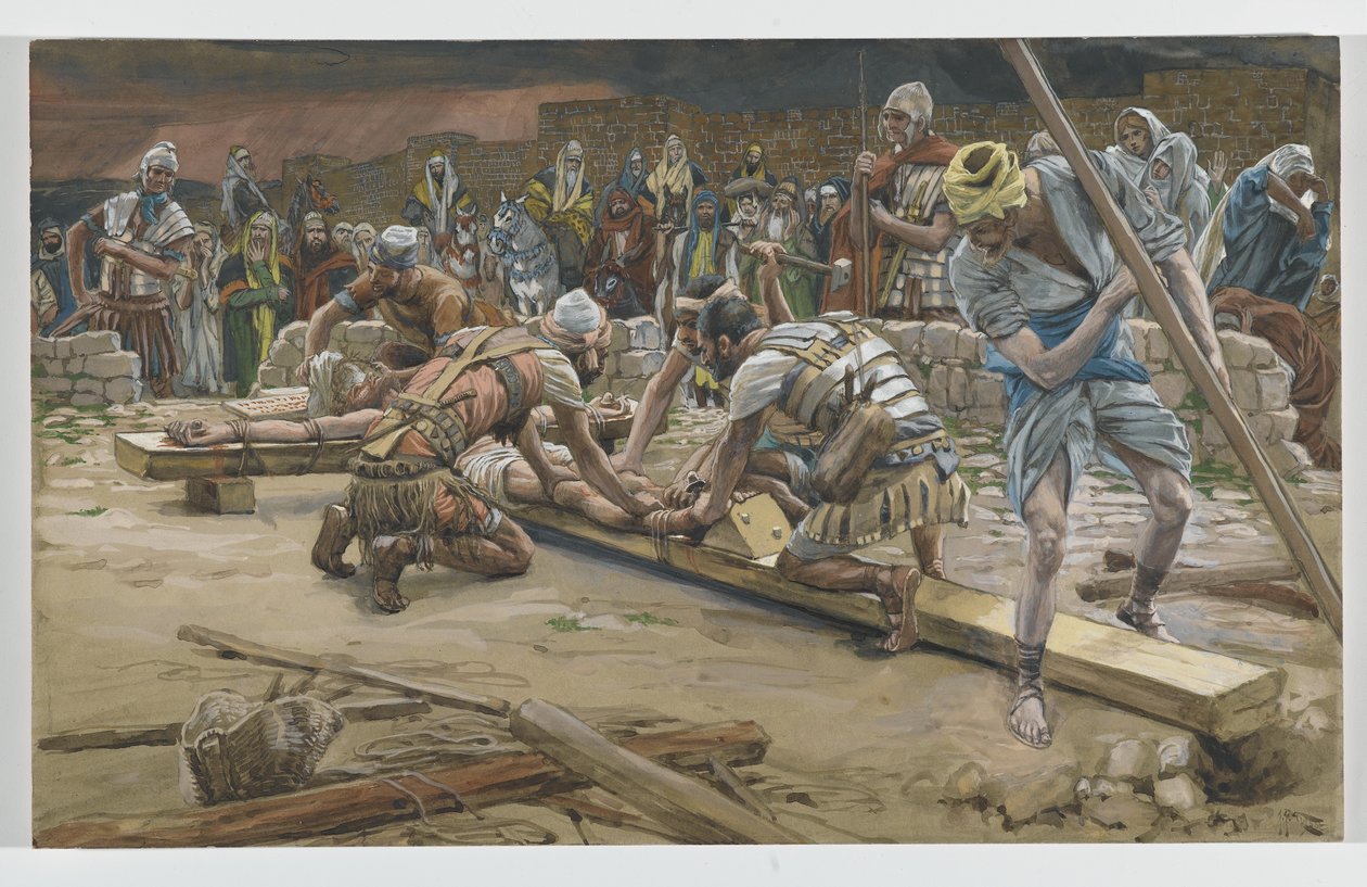 The Nail for the Feet, illustrasjon fra The Life of Our Lord Jesus Christ, 1886-94 (wc over grafitt på papir) av James Jacques Joseph Tissot